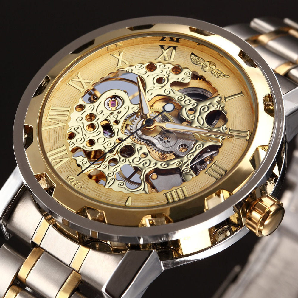 The winner men&#039;s fashion business casual space engraved gold watchband manual mechanical watches