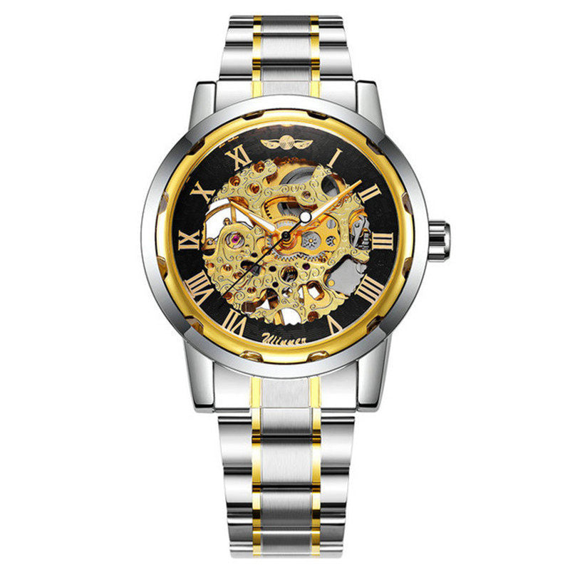 The winner men&#039;s fashion business casual space engraved gold watchband manual mechanical watches