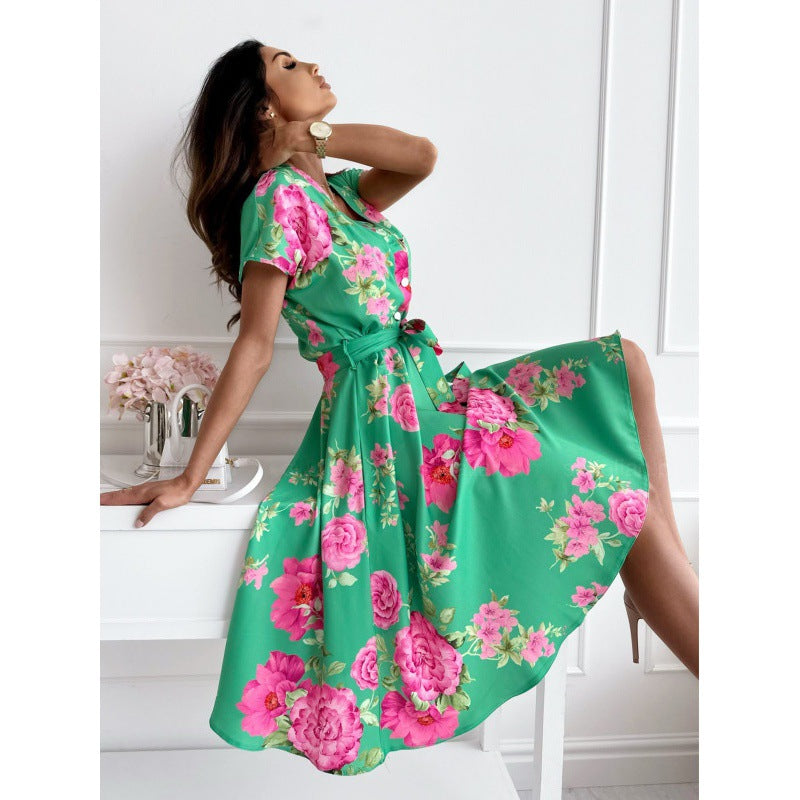 European And American Fashion Printed Flower V-neck Short Sleeve Mid-length Dress For Women