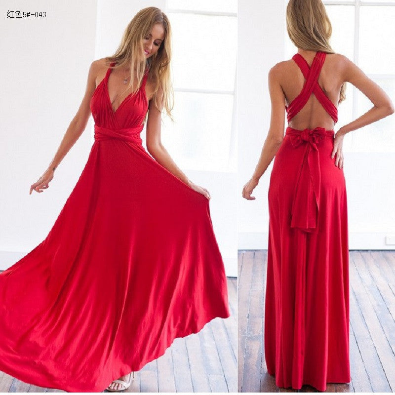 European And American Multi-wear Sexy Stunning Multi-rope Bandage Red Dress Long Dress