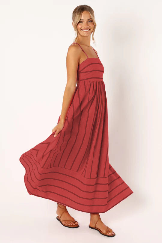 Striped Sling Backless Large Swing Fresh Style Dress -88111