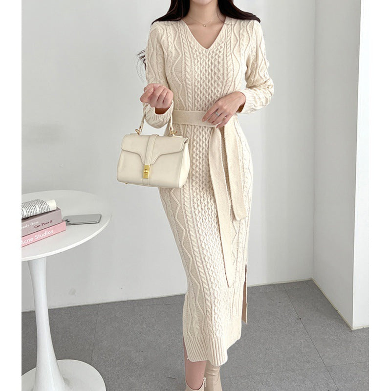 Korean Chic Autumn New V-neck Elegant Retro Women Lace-up Elegant Hemp Pattern Mid-length Dress For Women