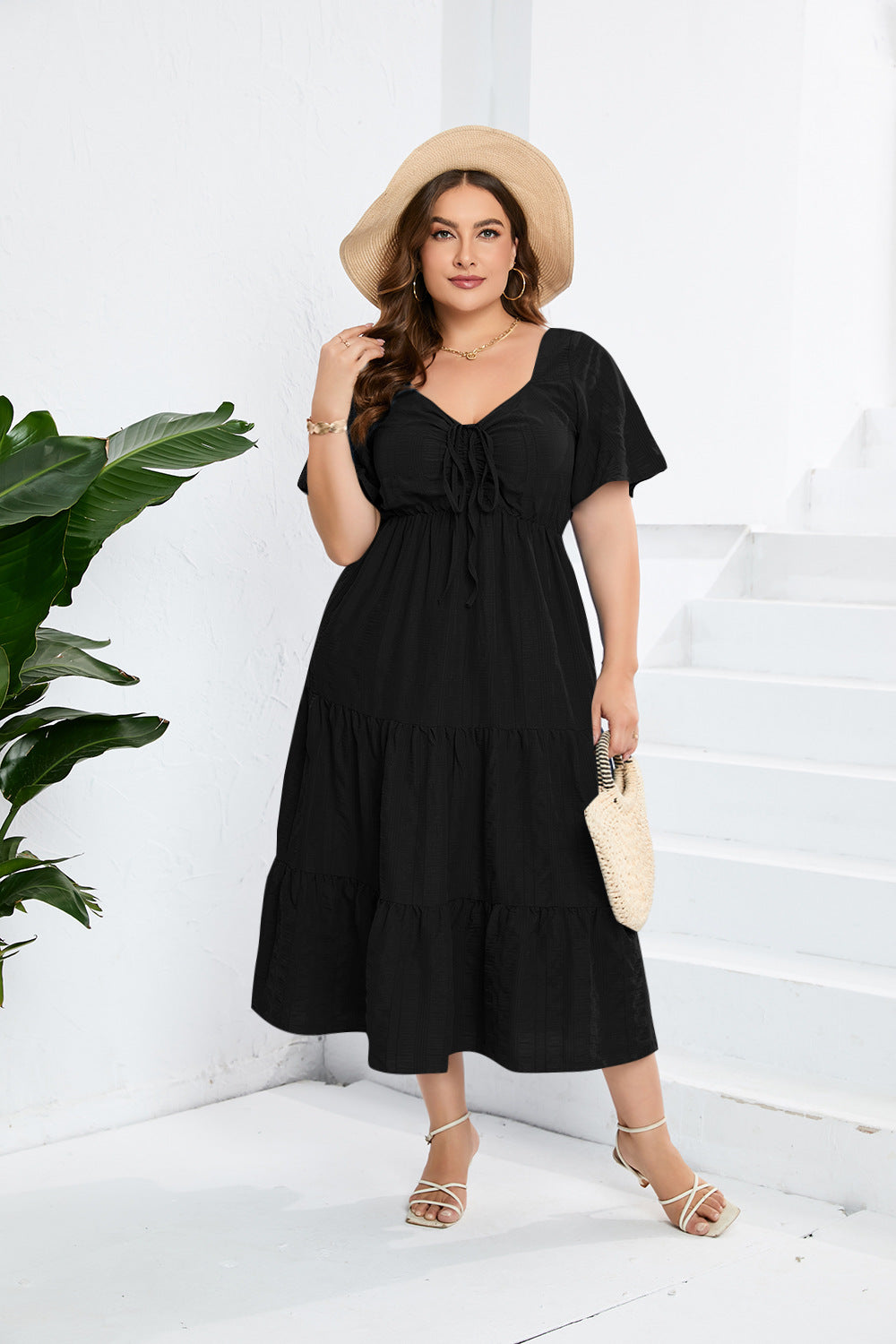 V-neck High Waist Dress Long Short Sleeve Large Size Dress