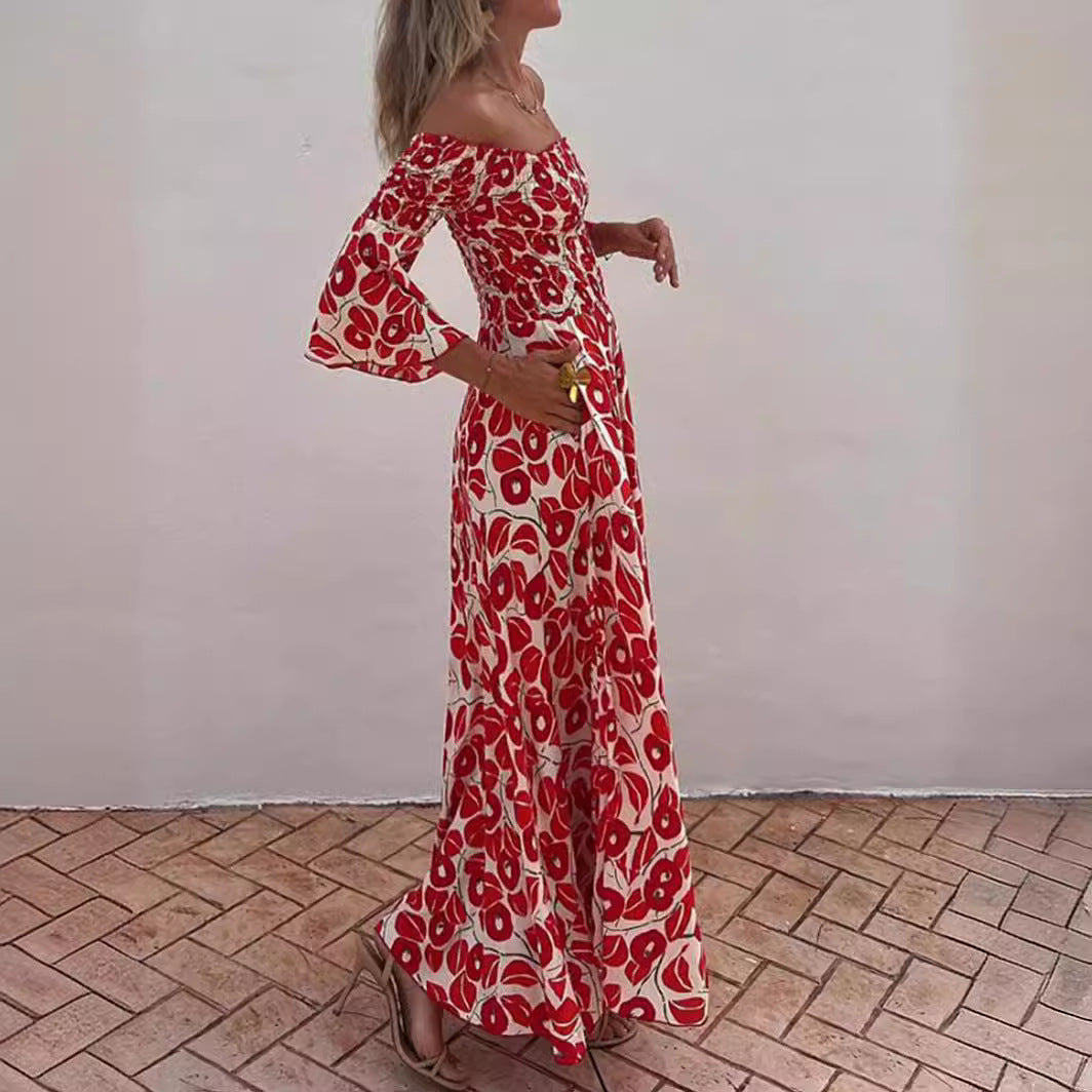 2024 Women&#039;s Elegant Elegant Floral Print Pleated Open Shoulder Pocket Long Dress Large Swing Long Dress