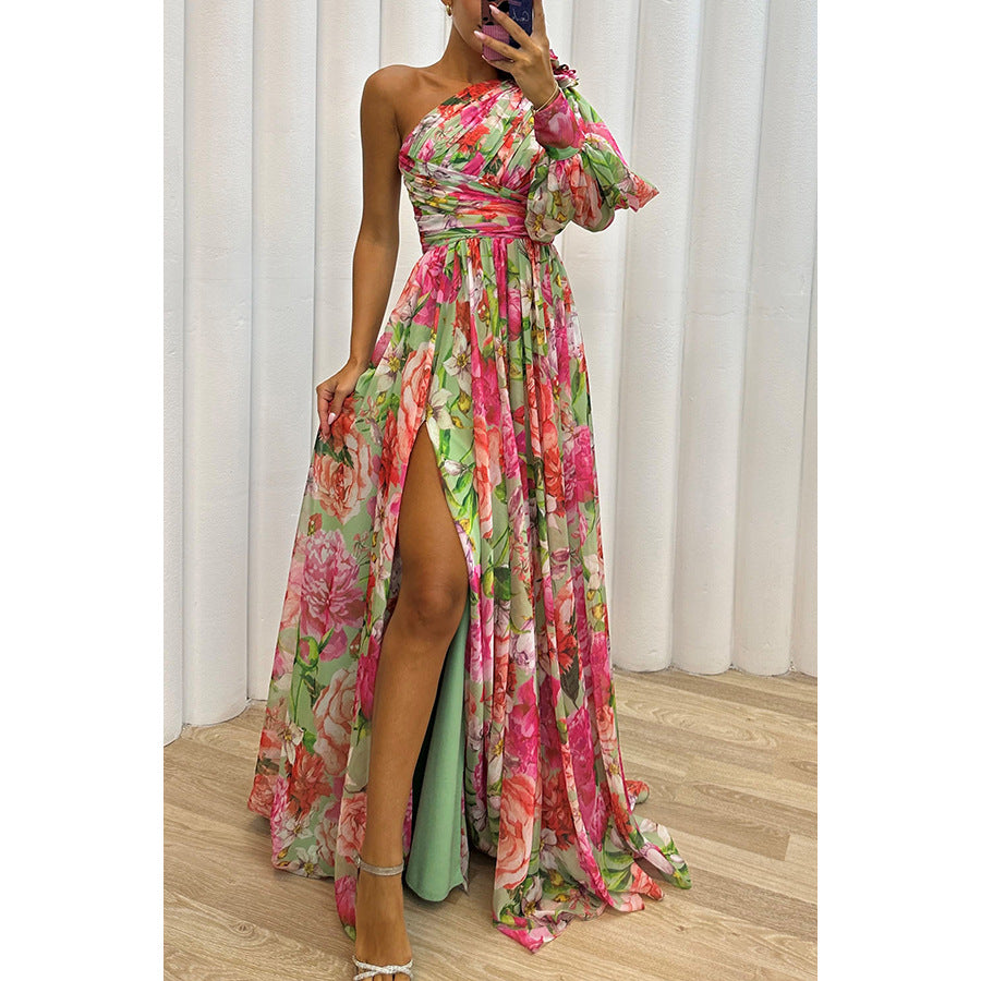 Autumn And Winter Party New Casual Split Dress INS Loose Multi-color Oblique Shoulder Dress