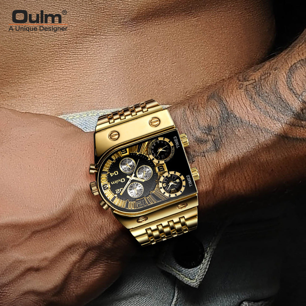 Oulm Ouli&#039;s New Multi-time Zone Large Dial Luminous Men&#039;s Watch Steel Belt Casual Cross-border Quartz Watch Gold