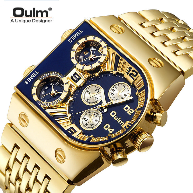 Oulm Ouli&#039;s New Multi-time Zone Large Dial Luminous Men&#039;s Watch Steel Belt Casual Cross-border Quartz Watch Gold