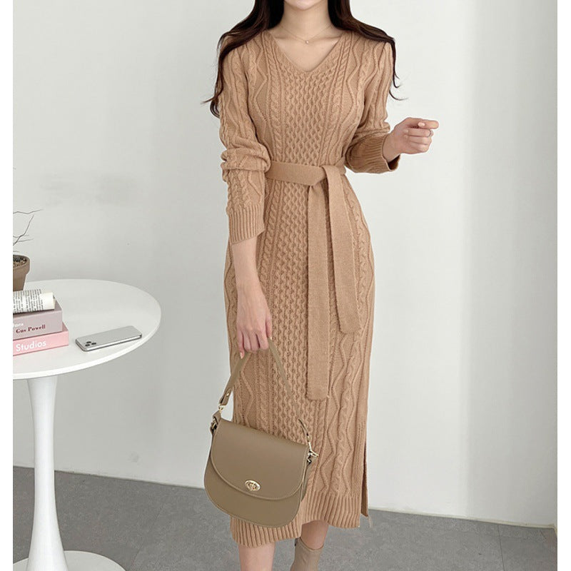 Korean Chic Autumn New V-neck Elegant Retro Women Lace-up Elegant Hemp Pattern Mid-length Dress For Women