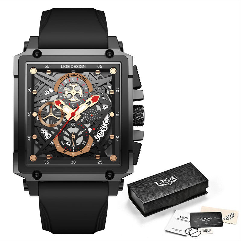 LIGE/LIGE Cross-border New Men&#039;s Watch Square Multi-function Chronograph 30M Waterproof Watch