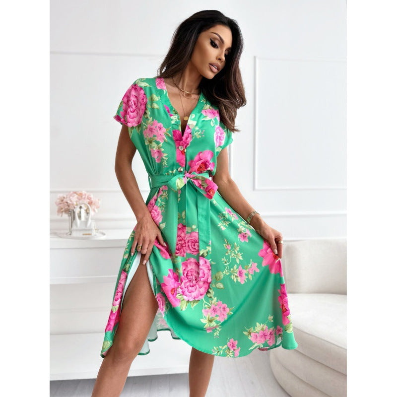 European And American Fashion Printed Flower V-neck Short Sleeve Mid-length Dress For Women