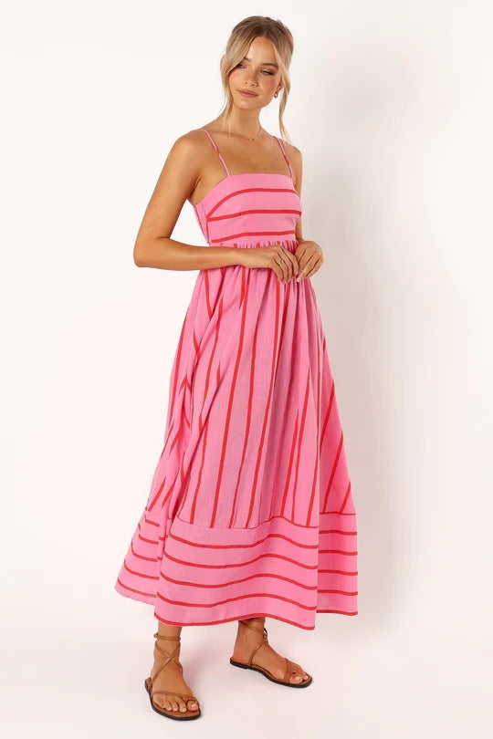 Striped Sling Backless Large Swing Fresh Style Dress -88111