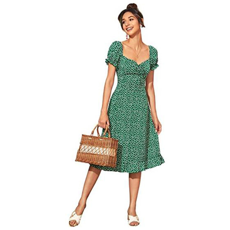 Spring And Summer Women&#039;s Floral Printed Mid-length Short-sleeved High Waist Dress