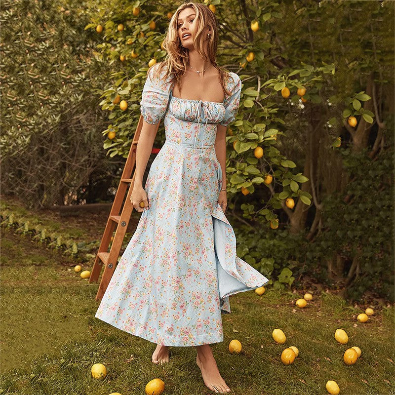 Fashion Summer  Printed French Style Fresh Style Floral BacklessSlip Strap Split Dress