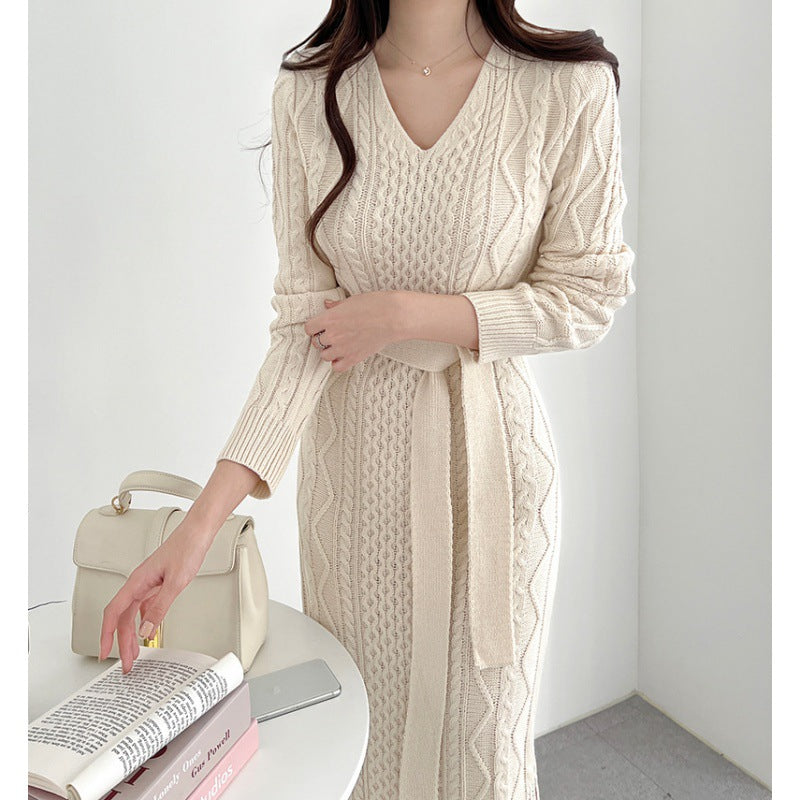 Korean Chic Autumn New V-neck Elegant Retro Women Lace-up Elegant Hemp Pattern Mid-length Dress For Women