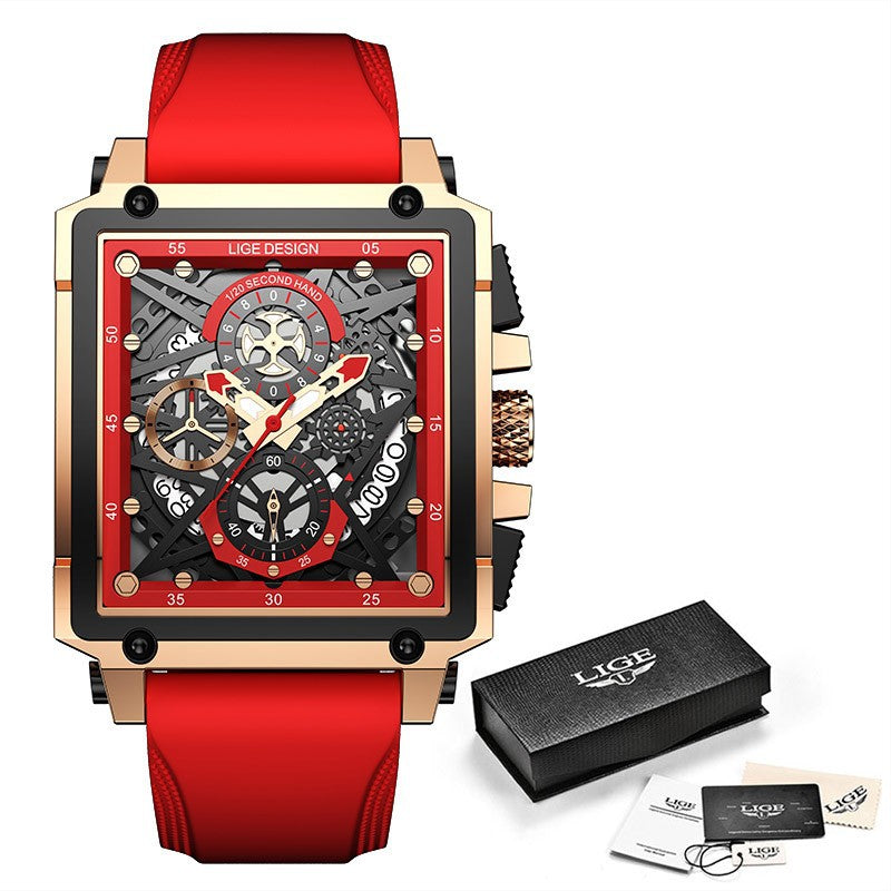 LIGE/LIGE Cross-border New Men&#039;s Watch Square Multi-function Chronograph 30M Waterproof Watch