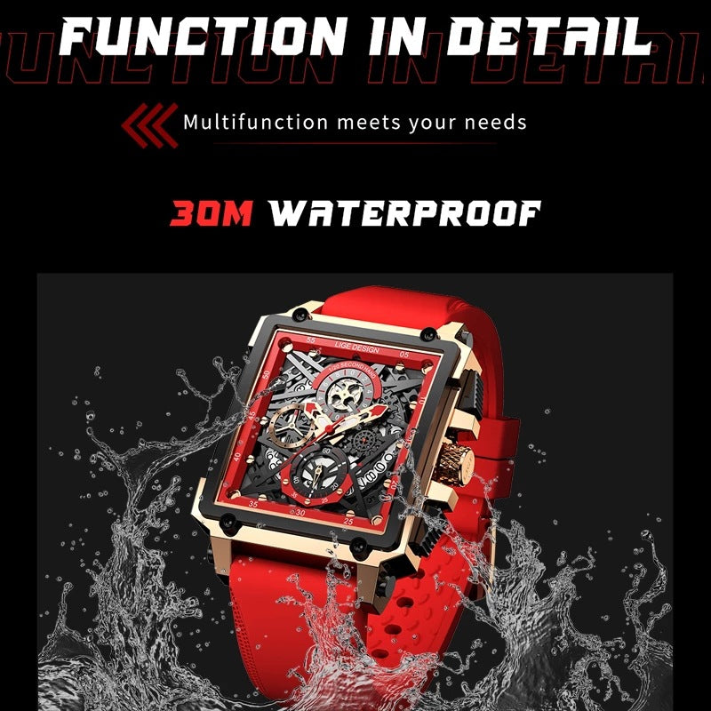 LIGE/LIGE Cross-border New Men&#039;s Watch Square Multi-function Chronograph 30M Waterproof Watch