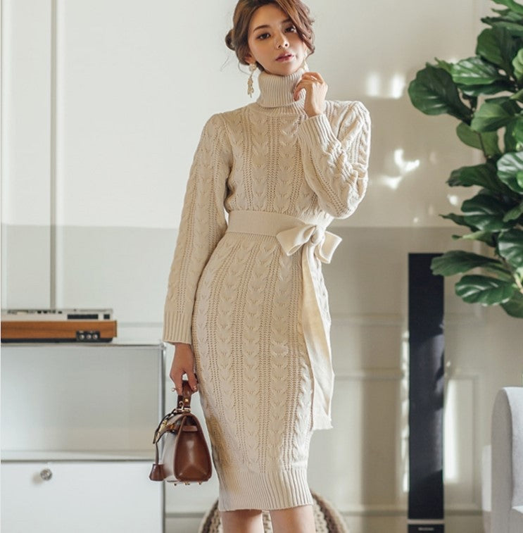 Dress Women&#039;s Autumn And Winter 2021 New Korean-style Chi Retro Slim-fit Lace-up Mid-length Hip Knitted Sweater Dress