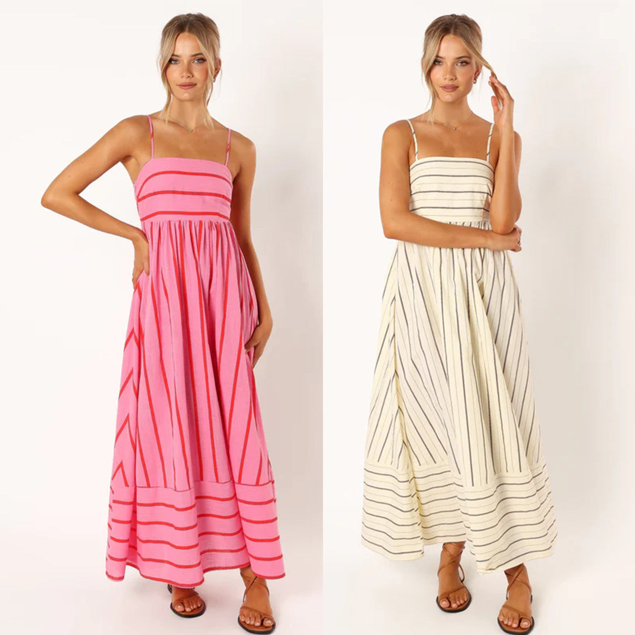 Striped Sling Backless Large Swing Fresh Style Dress -88111