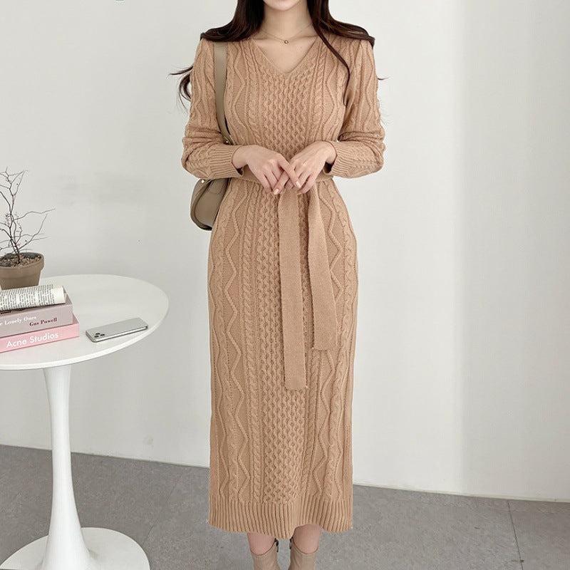 Korean Chic Autumn New V-neck Elegant Retro Women Lace-up Elegant Hemp Pattern Mid-length Dress For Women