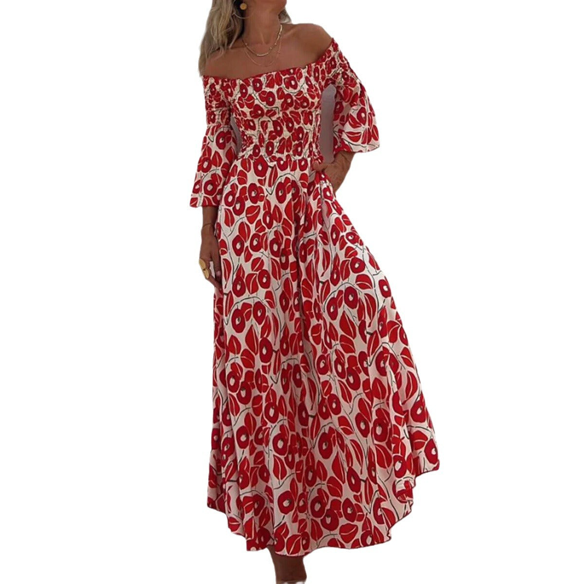 2024 Women&#039;s Elegant Elegant Floral Print Pleated Open Shoulder Pocket Long Dress Large Swing Long Dress