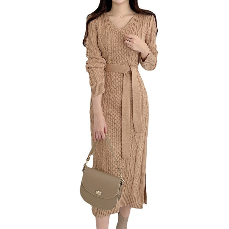 Korean Chic Autumn New V-neck Elegant Retro Women Lace-up Elegant Hemp Pattern Mid-length Dress For Women