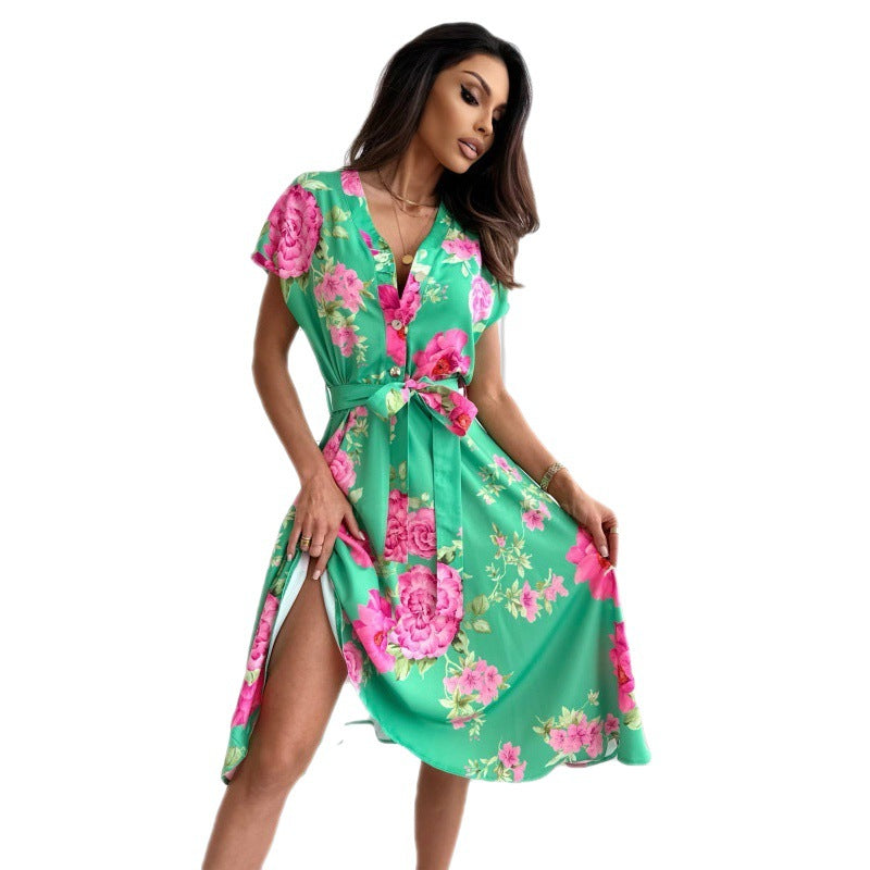 European And American Fashion Printed Flower V-neck Short Sleeve Mid-length Dress For Women