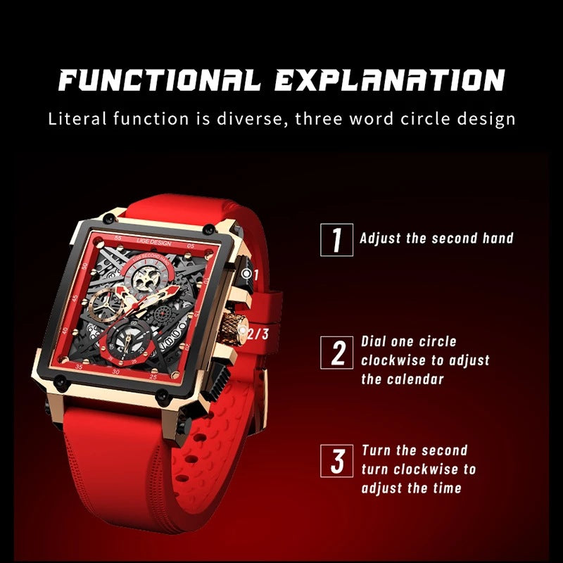 LIGE/LIGE Cross-border New Men&#039;s Watch Square Multi-function Chronograph 30M Waterproof Watch