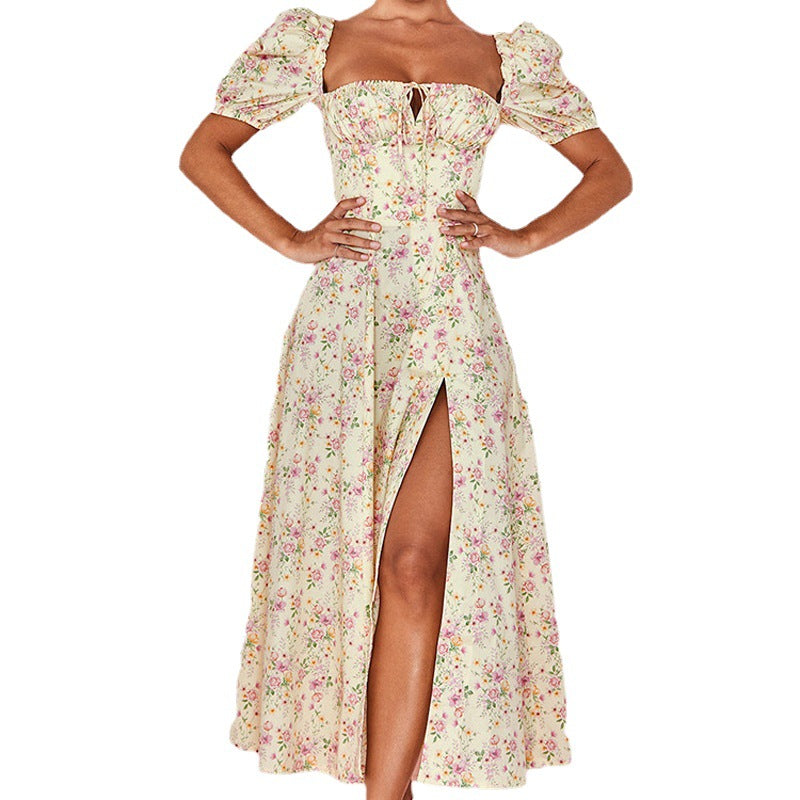 Fashion Summer  Printed French Style Fresh Style Floral BacklessSlip Strap Split Dress