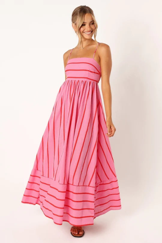 Striped Sling Backless Large Swing Fresh Style Dress -88111