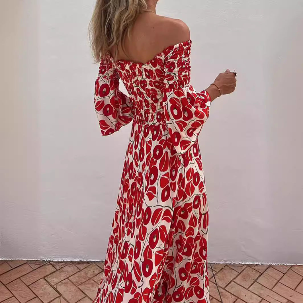 2024 Women&#039;s Elegant Elegant Floral Print Pleated Open Shoulder Pocket Long Dress Large Swing Long Dress