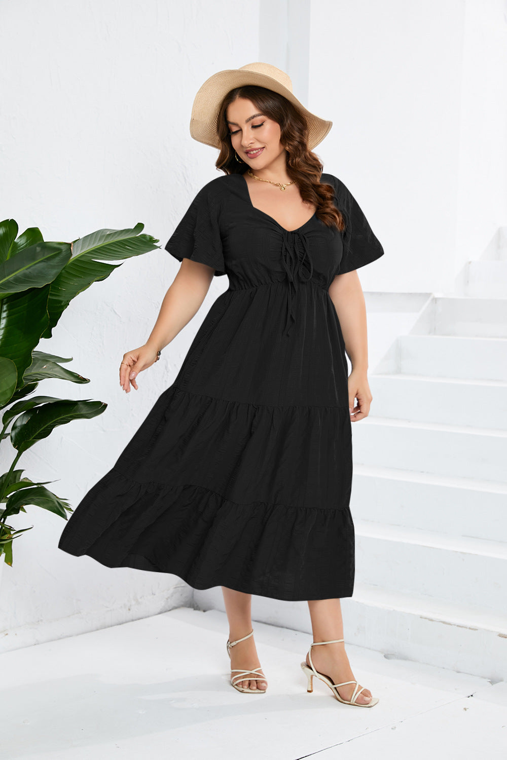 V-neck High Waist Dress Long Short Sleeve Large Size Dress