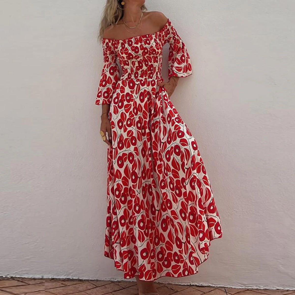 2024 Women&#039;s Elegant Elegant Floral Print Pleated Open Shoulder Pocket Long Dress Large Swing Long Dress