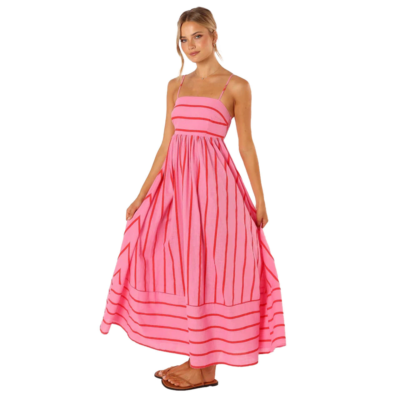 Striped Sling Backless Large Swing Fresh Style Dress -88111