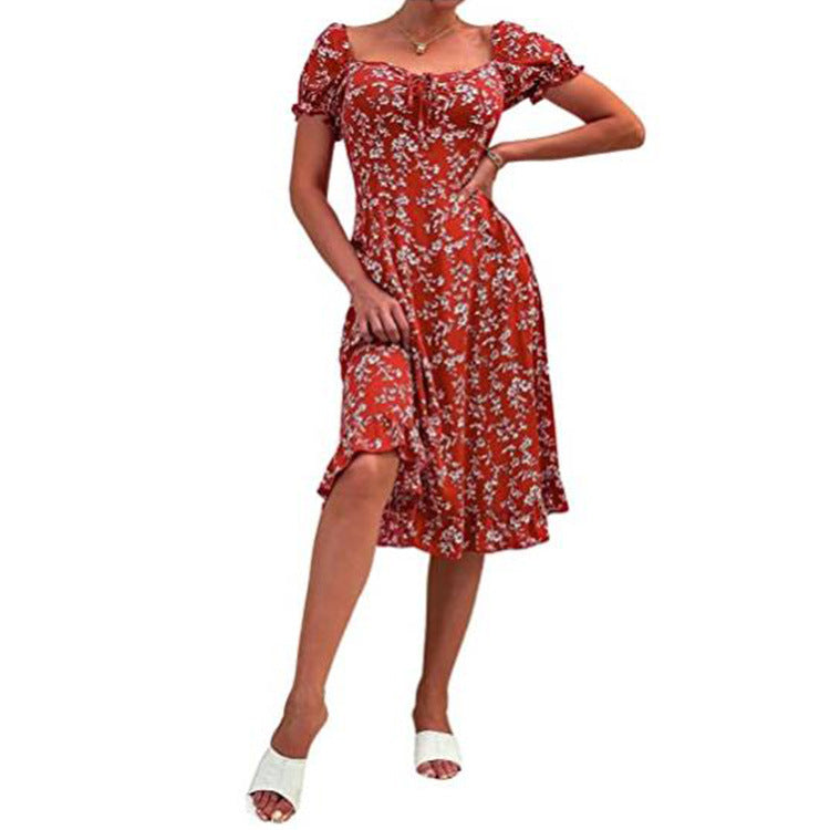 Spring And Summer Women&#039;s Floral Printed Mid-length Short-sleeved High Waist Dress