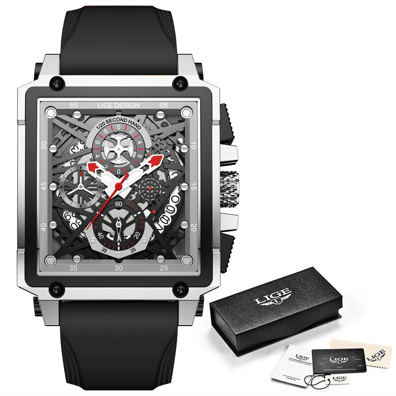 LIGE/LIGE Cross-border New Men&#039;s Watch Square Multi-function Chronograph 30M Waterproof Watch