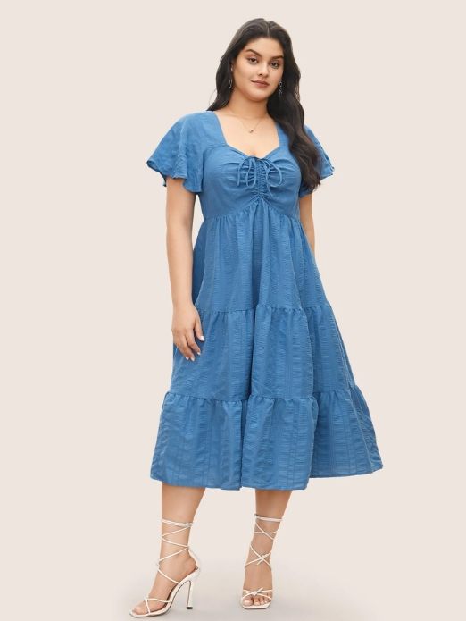 V-neck High Waist Dress Long Short Sleeve Large Size Dress